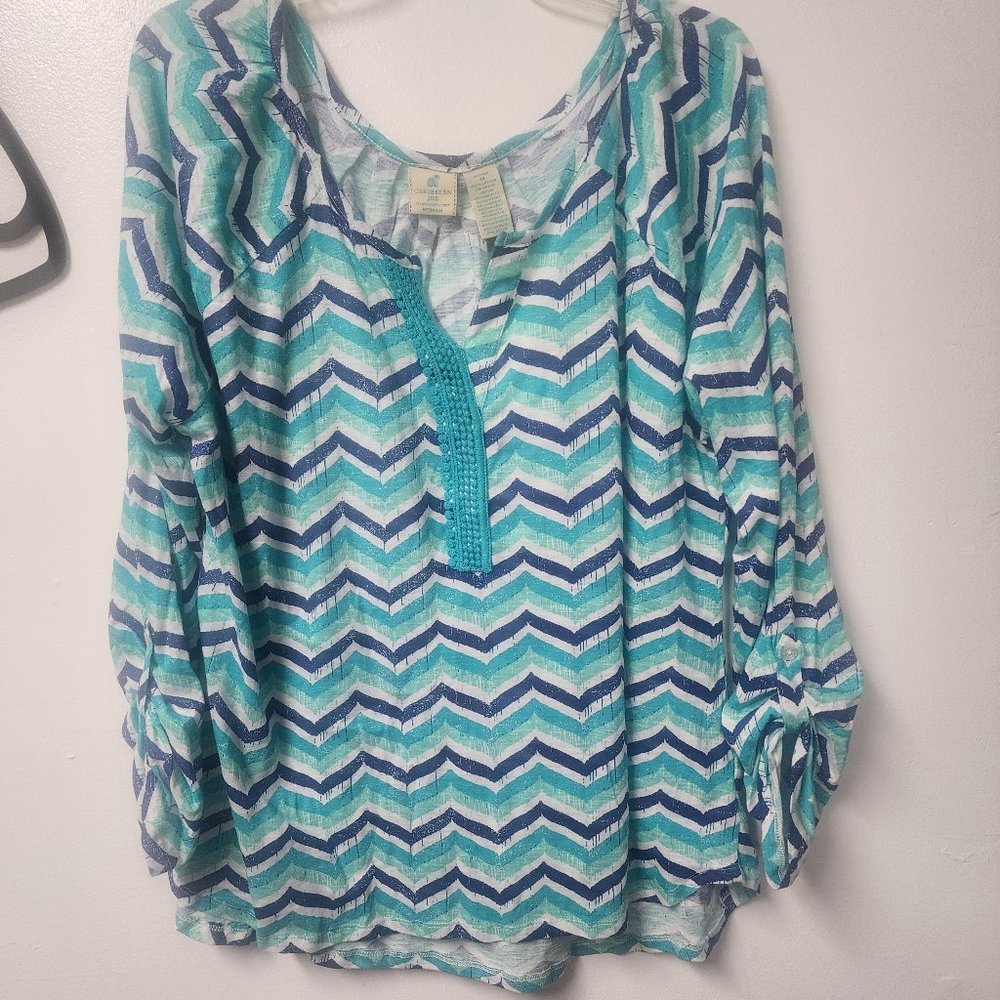 Caribbean Joe Woman Drift Turquoise Chevron print tunic top 1x Cotton Breezy